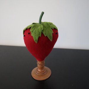 Vintage Strawberry Pincushion Top and Wooden Stand / Holder